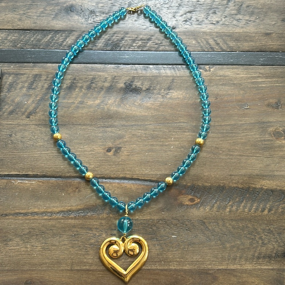 Vintage Napier 18K Gold Plated Greek Heart Blue Bead Pendant Necklace.